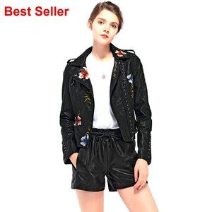 Floral Embroidered Faux Leather Moto Jacket Coat